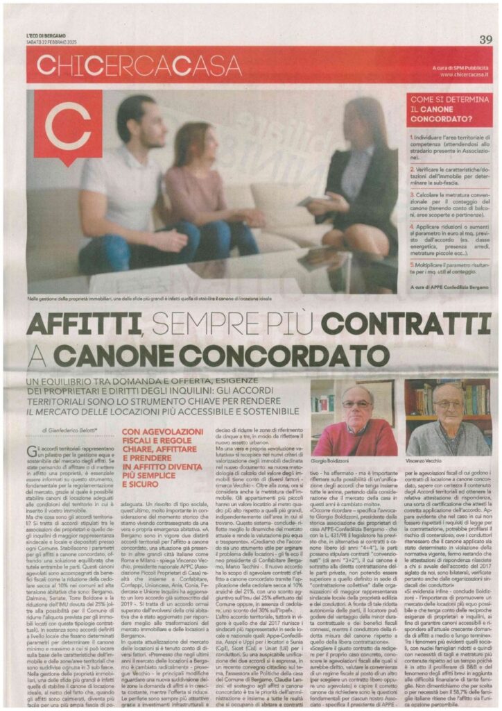 L’Eco di Bergamo: Affitti: contratti a canone agevolato. Intervista al Presidente di Confedilizia Bergamo Giorgio Boldizzoni